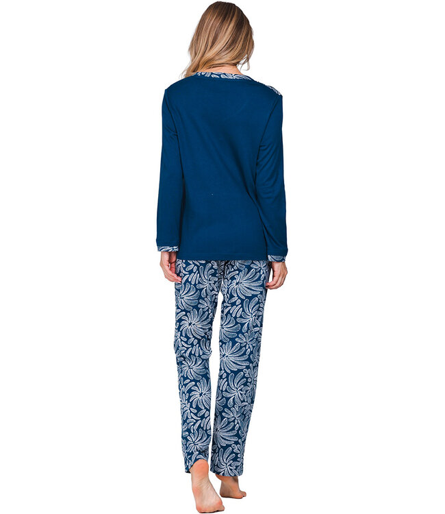 Donkerblauwe katoenen interlock damespyjama met V-hals Winter Flower