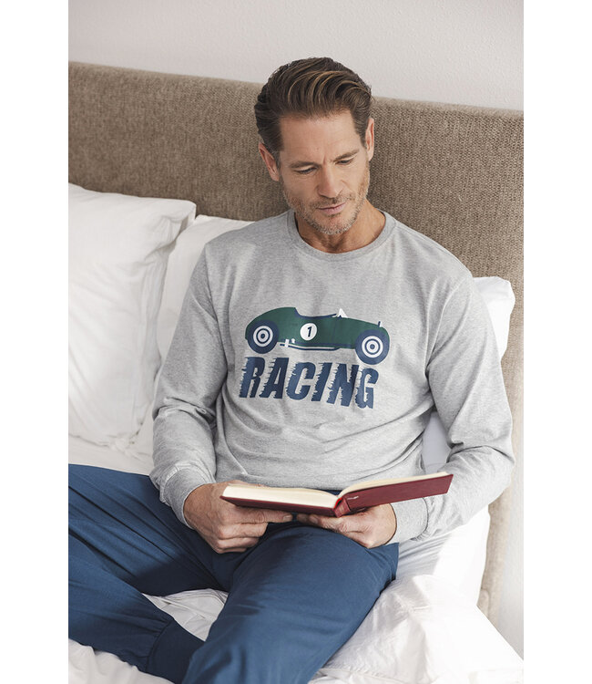 Donkerblauwe heren pyjama lange mouwen met ronde hals Racing Day