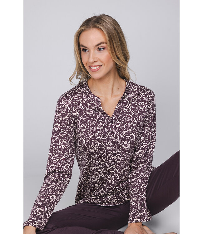 Dark purple ladies pyjama button front long sleeves Pretty Little Jewels