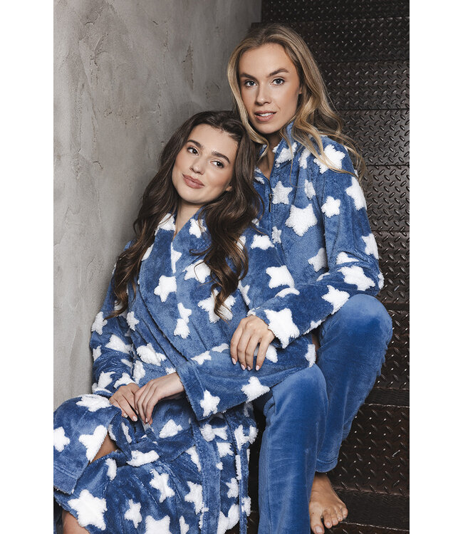 Blue fleece jacquard wrap morning gown long Fluffy Star