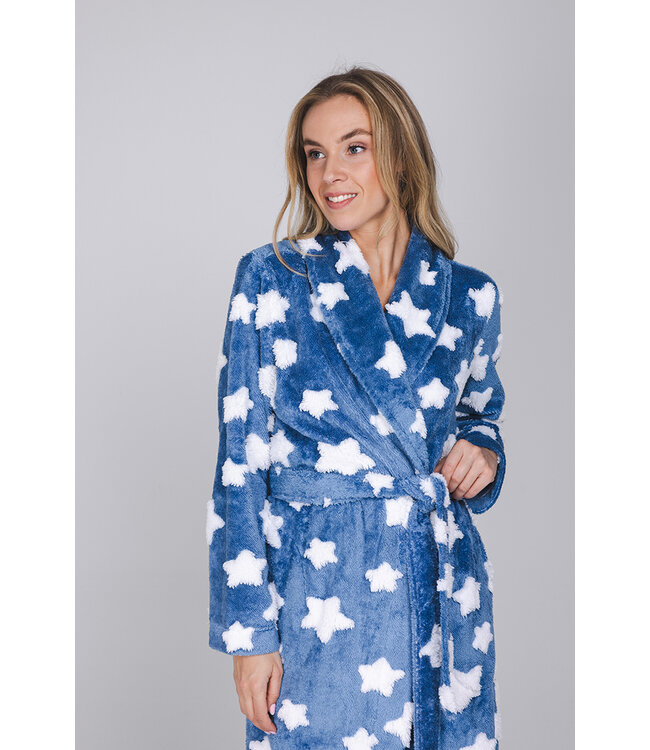 Blauwe ochtendjas van fleece jacquard lang Fluffy Star