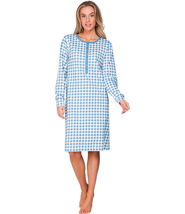 Blue cotton french terry nightdress with long sleeves Checkered Blocks