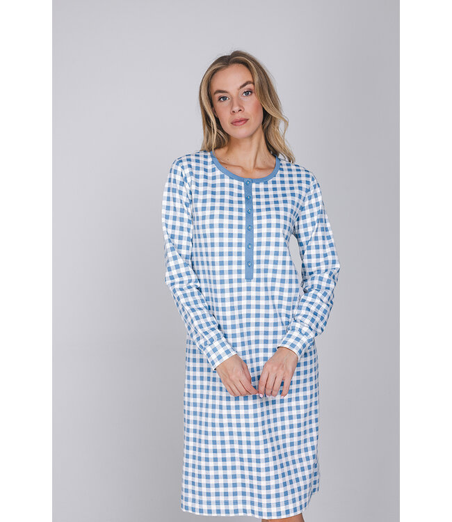 Blue cotton french terry nightdress with long sleeves Checkered Blocks