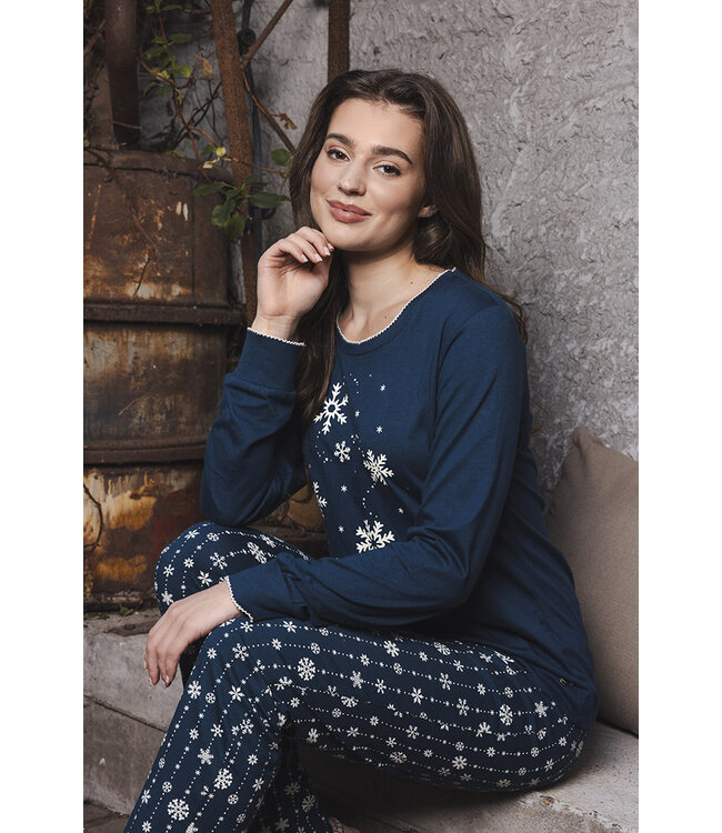 Donkerblauwe bio-katoenen pyjama met lange mouwen Snowflake Sparkle