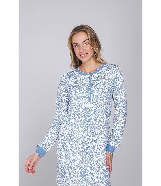 Blue cotton interlock long sleeved nightdress Vintage Paisley