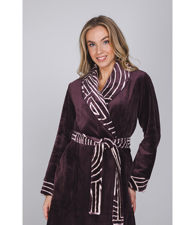 Donkerpaarse fleece overslag ochtendjas met sjaalkraag Abstract Art