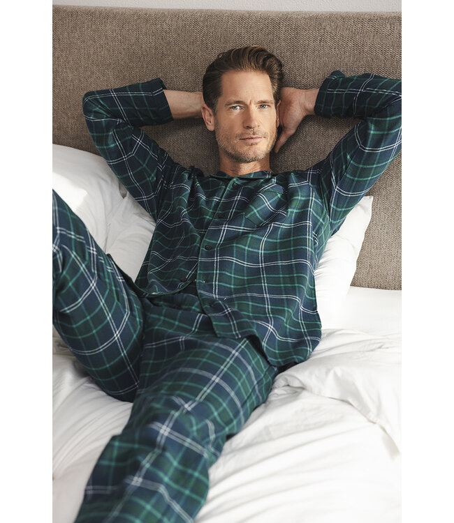 Dark blue cotton flannel men's pyjama with long sleeves Forest Check