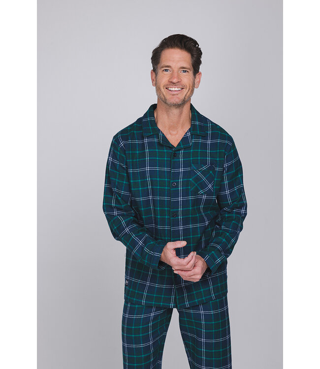 Donkerblauwe katoenen flanel heren pyjama lange mouw Forest Check