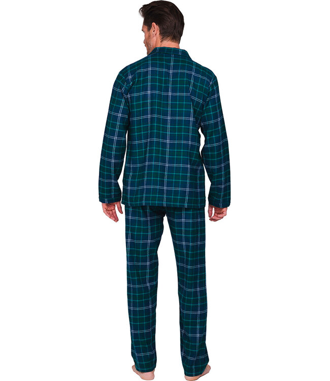 Donkerblauwe katoenen flanel heren pyjama lange mouw Forest Check