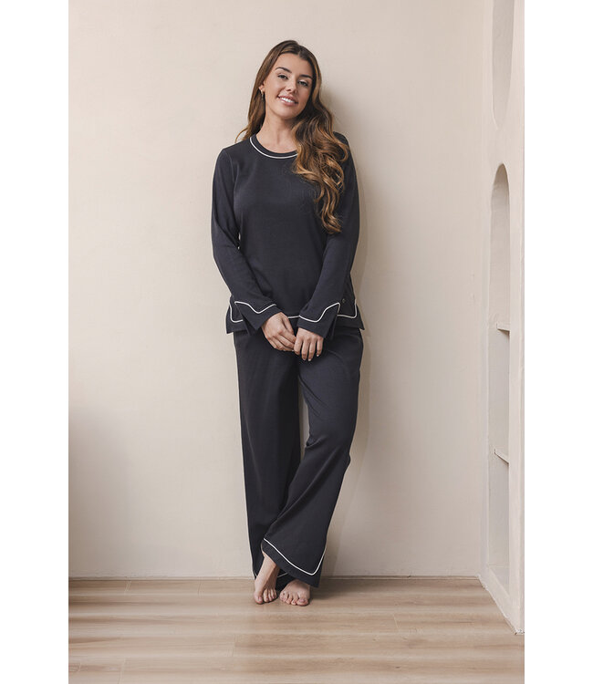 Dark grey cotton ladies pyjama with slits long sleeves Monochrome Fashion