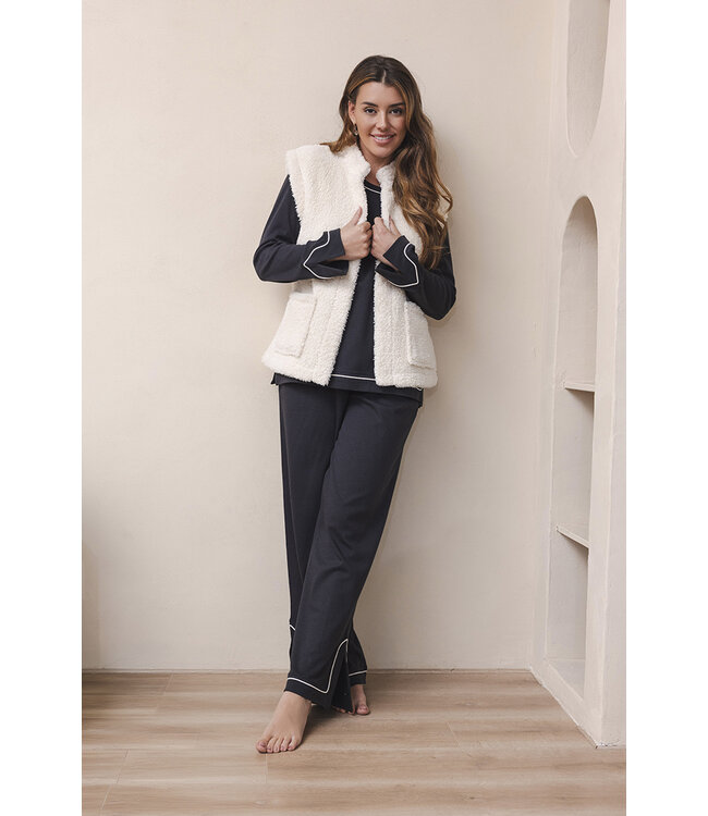Donkergrijze katoenen damespyjama met splitjes lange mouwen Monochrome Fashion
