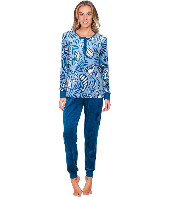 Donkerblauwe velours damespyjama lange mouwen Paisley Art