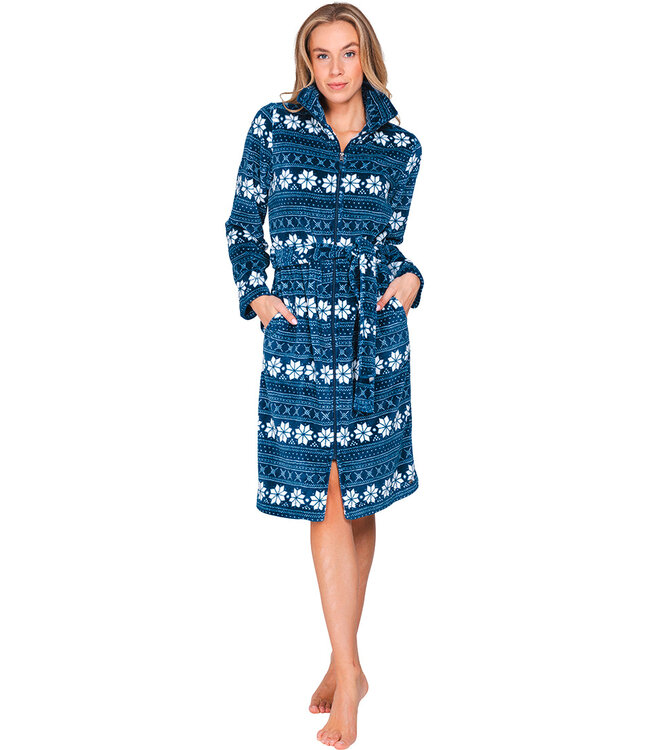 Donkerblauwe fleece ochtendjas met rits lang Nordic Beauty