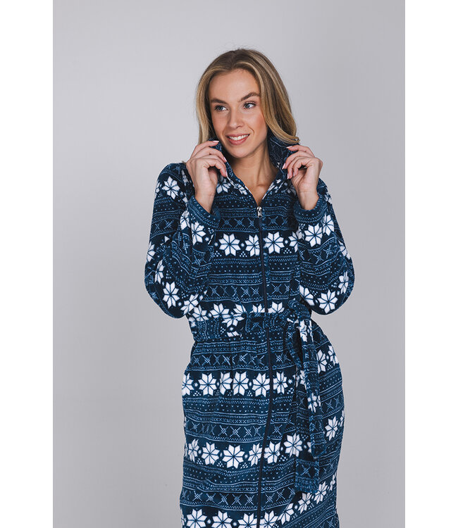 Donkerblauwe fleece ochtendjas met rits lang Nordic Beauty