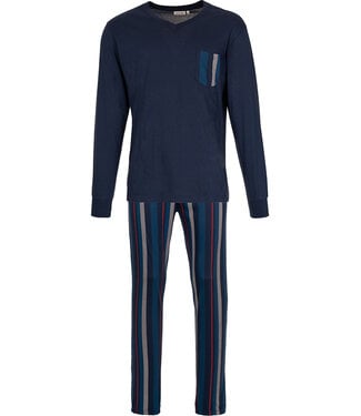 Pastunette for Men Donkerblauwe heren pyjama lange mouwen met V-hals Modern Stripe