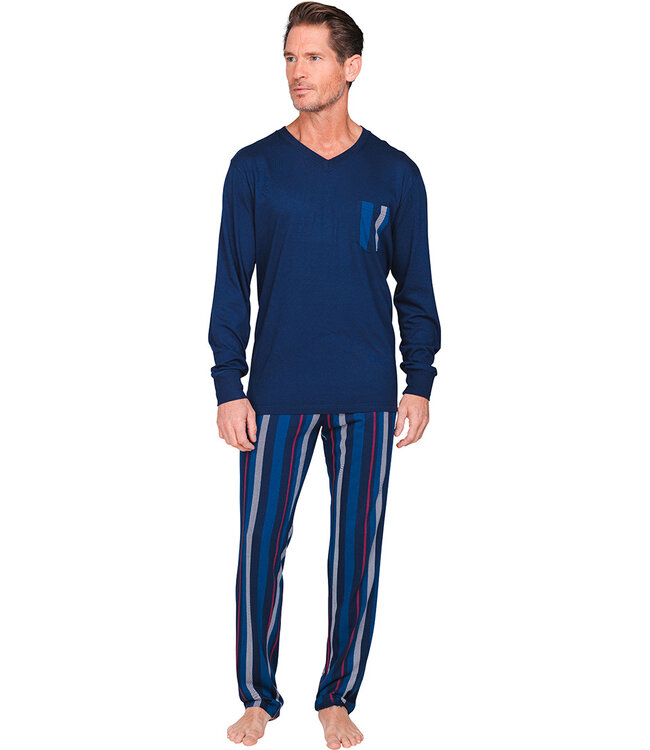 Dark blue long sleeved men's pyjama with V-neck Modern Stripe