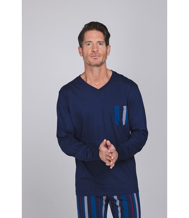 Dark blue long sleeved men's pyjama with V-neck Modern Stripe