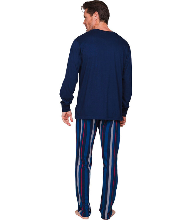 Dark blue long sleeved men's pyjama with V-neck Modern Stripe