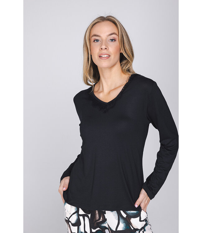 Zwarte ecovero viscose damespyjama V-hals met boorden lange mouwen Artistic Links