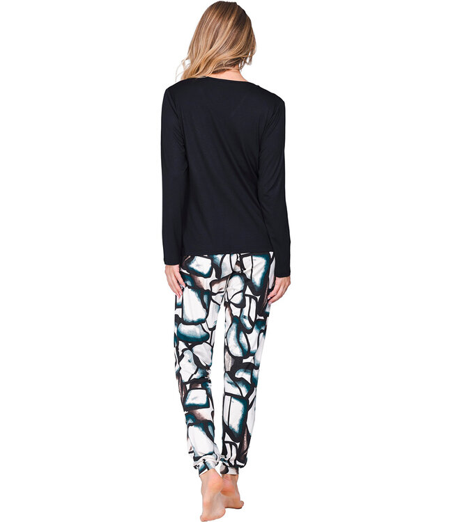 Zwarte ecovero viscose damespyjama V-hals met boorden lange mouwen Artistic Links