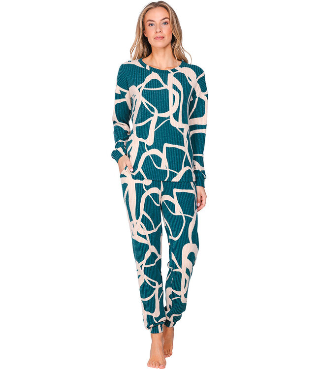 Donkergroene damespyjama met boorden lange mouwen Artistic Fashion