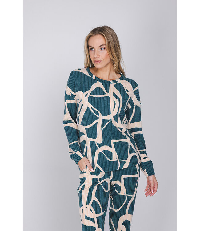 Donkergroene damespyjama met boorden lange mouwen Artistic Fashion