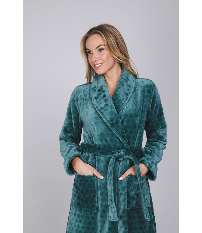 Donkergroene fleece ochtendjas Dotty Circles