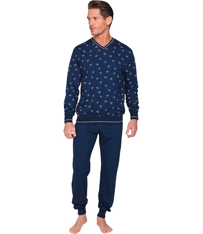 Donkerblauwe katoenen heren pyjama lange mouwen Jet Plane