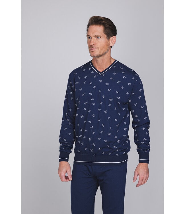 Donkerblauwe katoenen heren pyjama lange mouwen Jet Plane