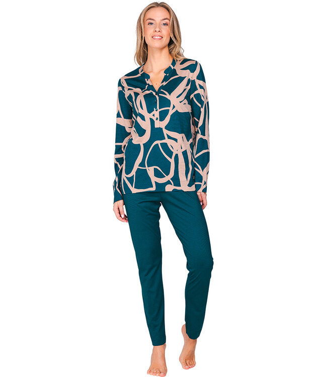 Donkergroene damespyjama knoopsluiting lange mouwen Artistic Fashion