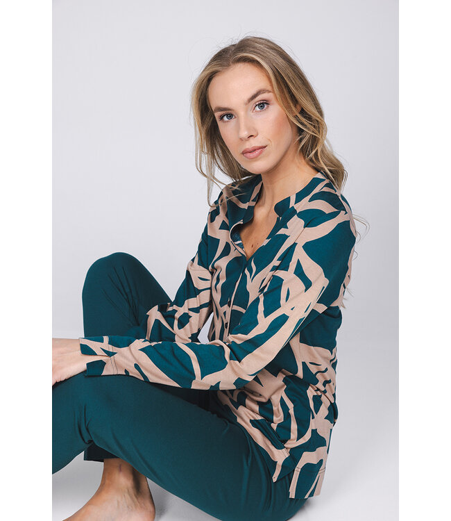 Donkergroene damespyjama knoopsluiting lange mouwen Artistic Fashion