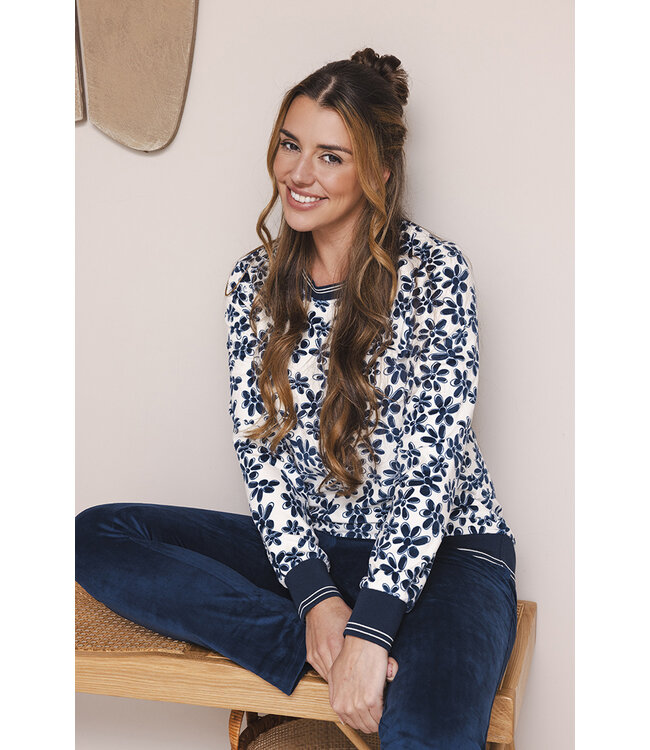 Dark blue velour long sleeved pyjama Flower Blooms