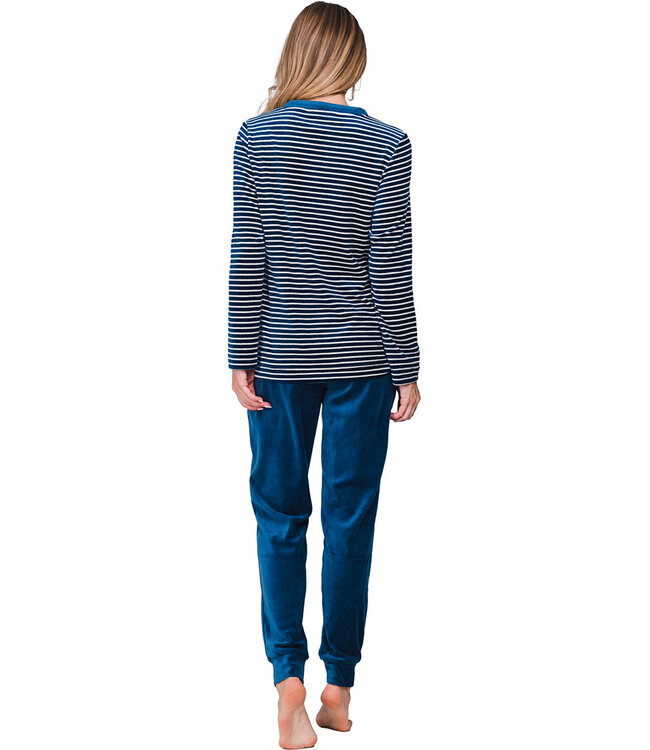 Donkerblauwe velours damespyjama lange mouwen Velvet Stripes