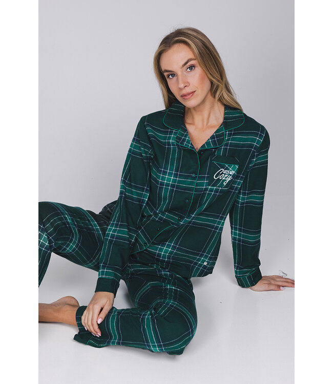 Groene pyjama van katoen-flanel met knoopsluiting Cosy Check
