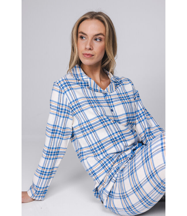 Blauwe pyjama van katoen-flanel met knoopsluiting Trendy Check