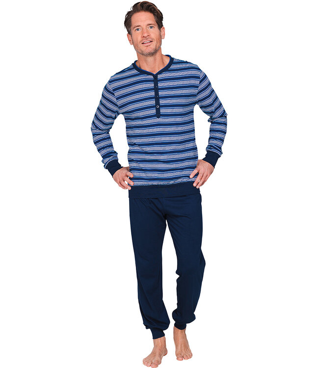 Donkerblauwe katoenen heren pyjama lange mouwen Bright Stripes