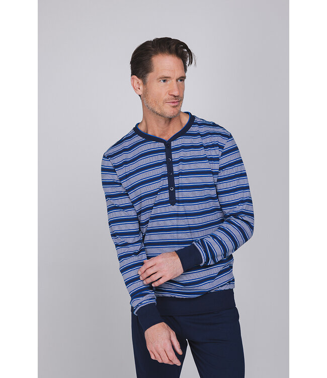 Donkerblauwe katoenen heren pyjama lange mouwen Bright Stripes
