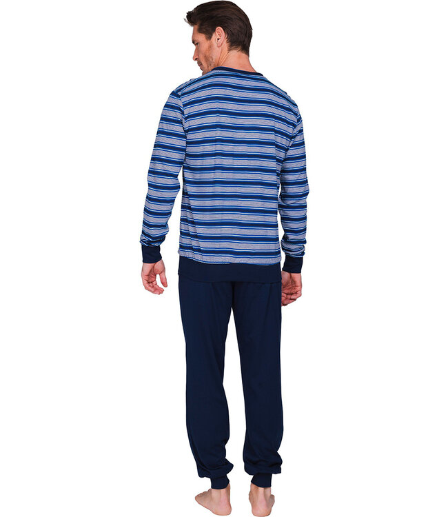 Donkerblauwe katoenen heren pyjama lange mouwen Bright Stripes