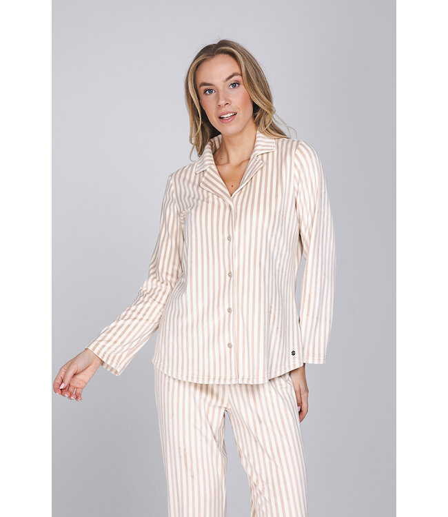 Light brown fleece ladies pyjama with revere collar Soft Stripes