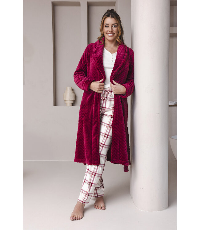 Dark red fleece morning gown with shawl collar Bordeaux Zigzag