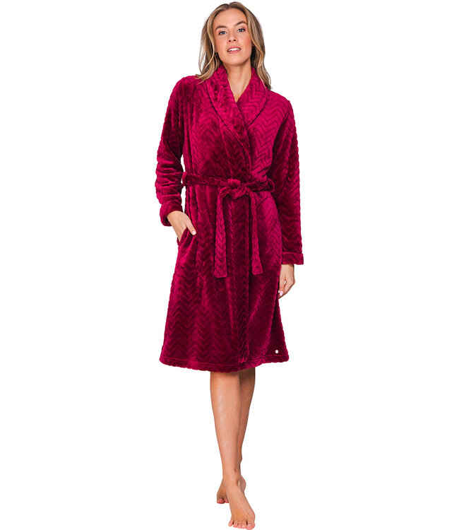 Donkerrode fleece ochtendjas met sjaalkraag Bordeaux Zigzag