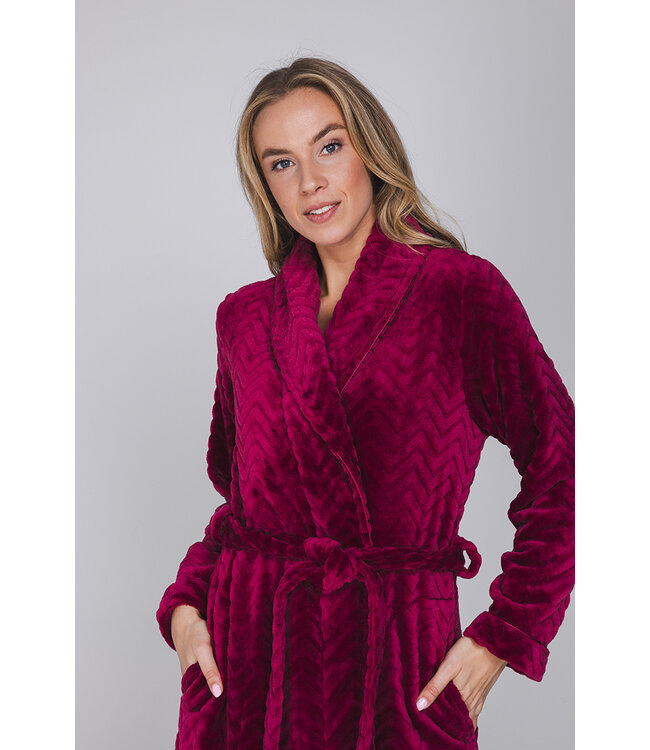 Donkerrode fleece ochtendjas met sjaalkraag Bordeaux Zigzag
