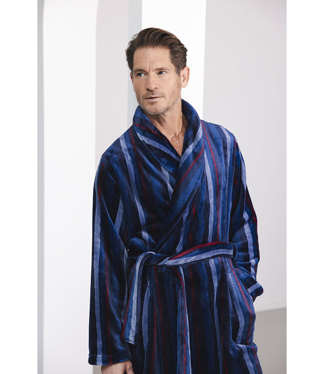 Donkerblauwe fleece heren ochtendjas Modern Stripe