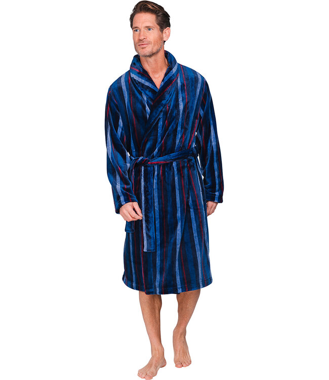 Donkerblauwe fleece heren ochtendjas Modern Stripe