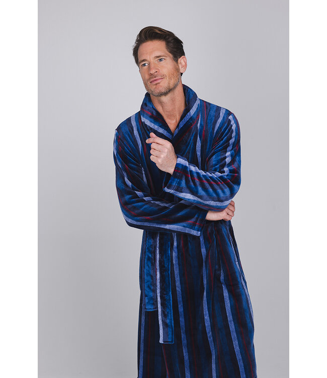 Donkerblauwe fleece heren ochtendjas Modern Stripe