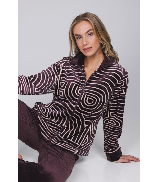 Donkerpaars fleece huispak met rits Abstract Art