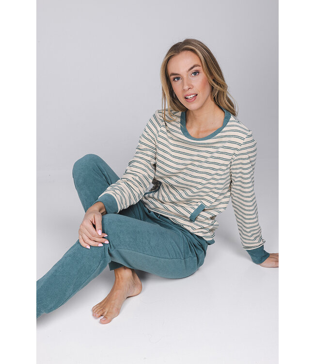 Dark green cotton-terry ladies pyjama Calming Stripes