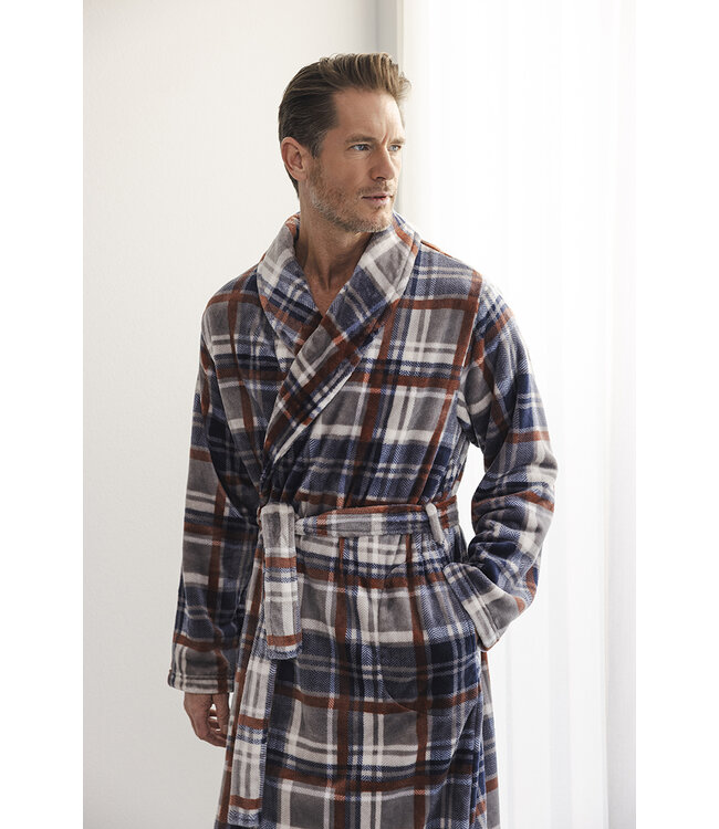 Grijze fleece heren ochtendjas Check Block