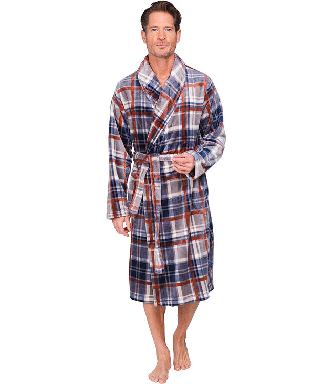 Grijze fleece heren ochtendjas Check Block
