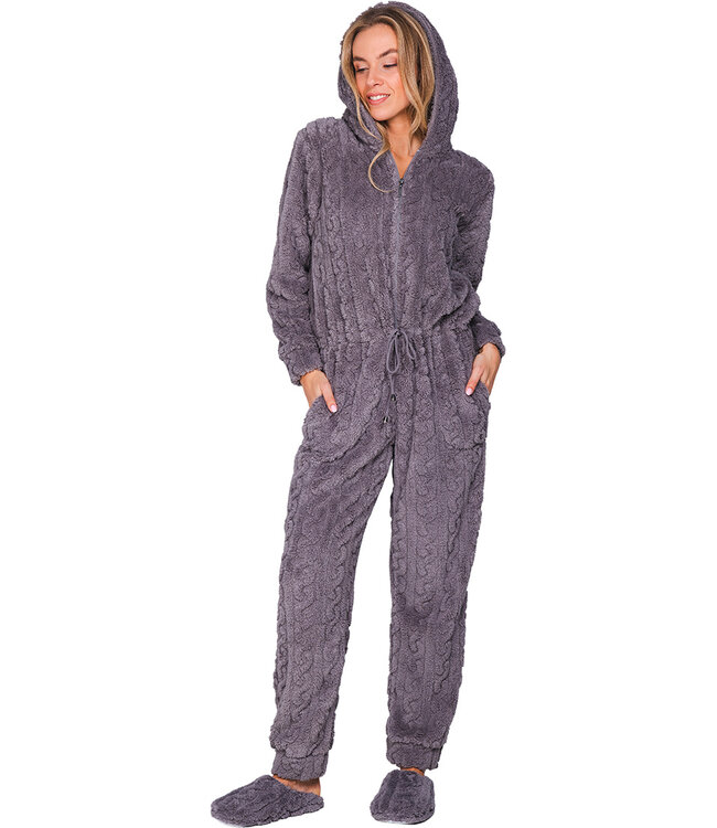 Grijze fleece onesie met rits en capuchon Fabulously Cosy